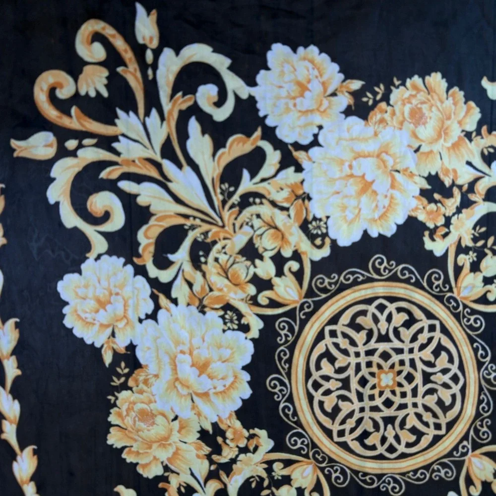 Baroque Floral Scarf Black‎ Gold Cream Ornate Square Vintage Style 27x27 Scroll